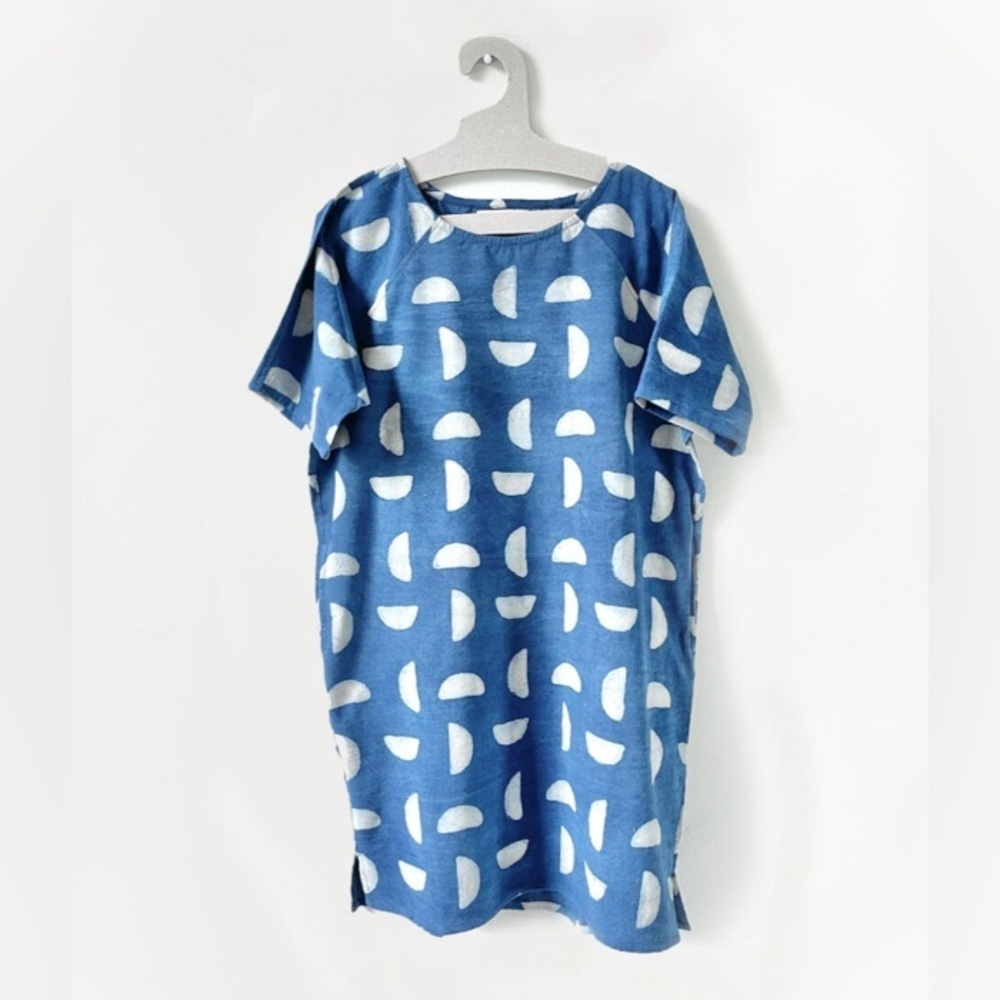 PO-EM Burrow Cocoon Dress in Setting Suns Indigo Hand Dyed Block Print
